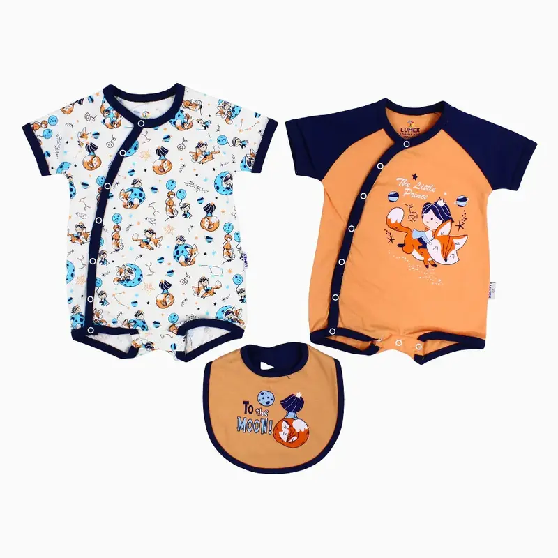 Pack of 2 - Baby Boys Cotton Romper  Orange with Little Prince Print and a Bib
