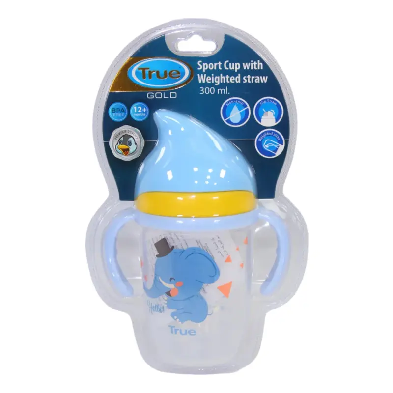 True Gold Sport Cup with Weighted Straw  300ml with Blue Elephant Design (12+ months)