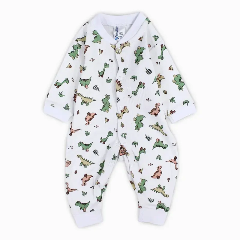 Baby Boys Cotton Footless Onesie  White with Dino Print