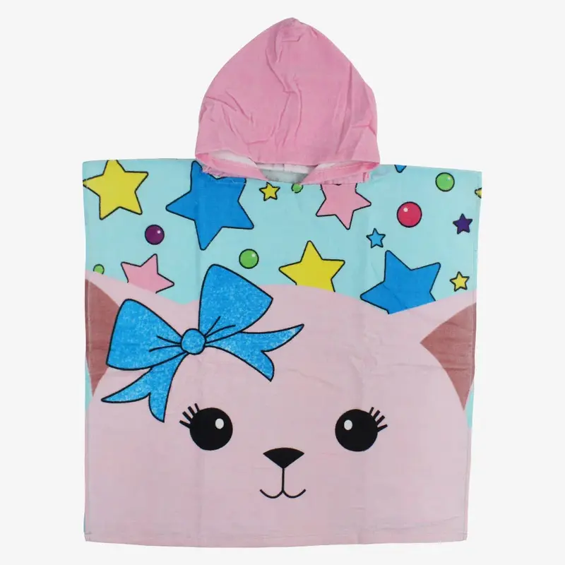 Girls Poncho Beach Towel with Hoodie - Pink with Cat Print