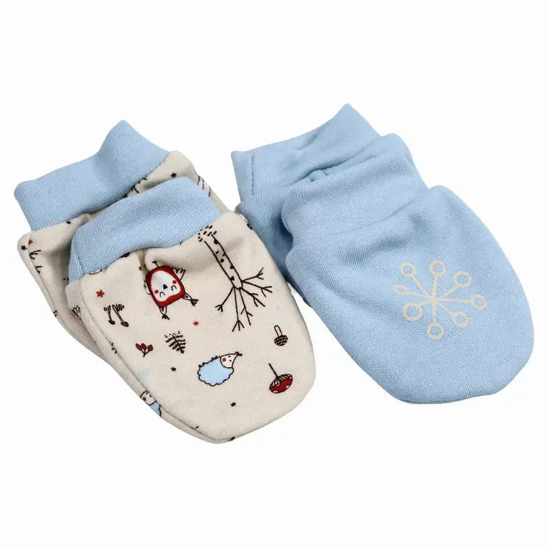 Baby Boys Cotton Hand Mittens - Baby Blue & Beige with Animals Design (2Pcs)