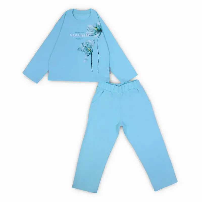 Girls Cotton Pajama Set  Aqua with Floral Print