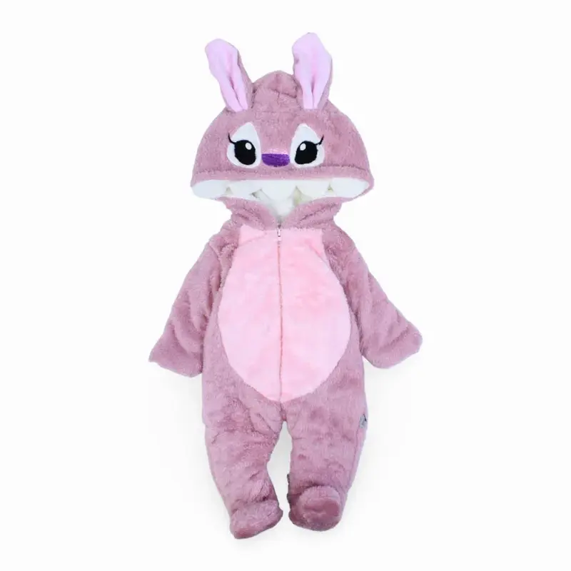 Baby Girls Fleeced Hooded Baby Footie  Purple with Stitch Design
