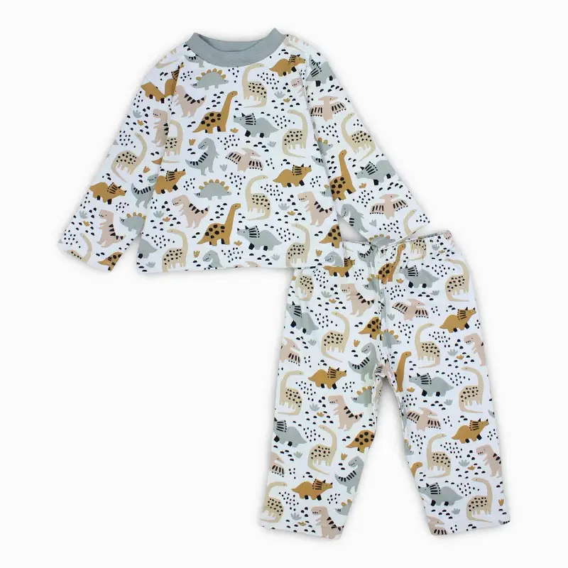 Boys Cotton Pajama Set  Off-White & Grey with Dino Print