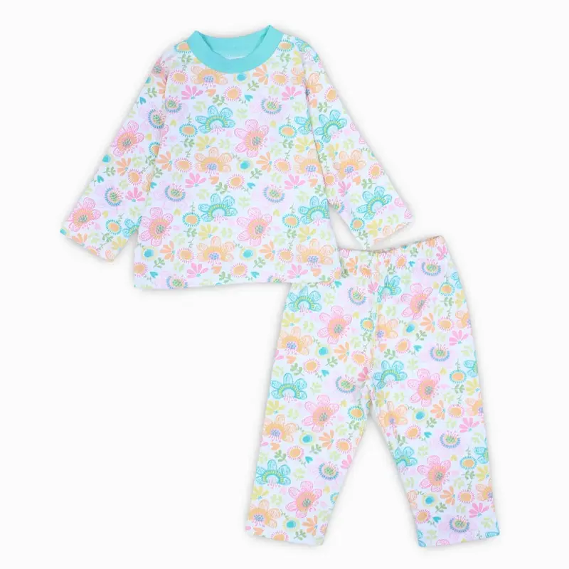 Girls Cotton Pajama Set  Off-White & Aqua with Flowers Print