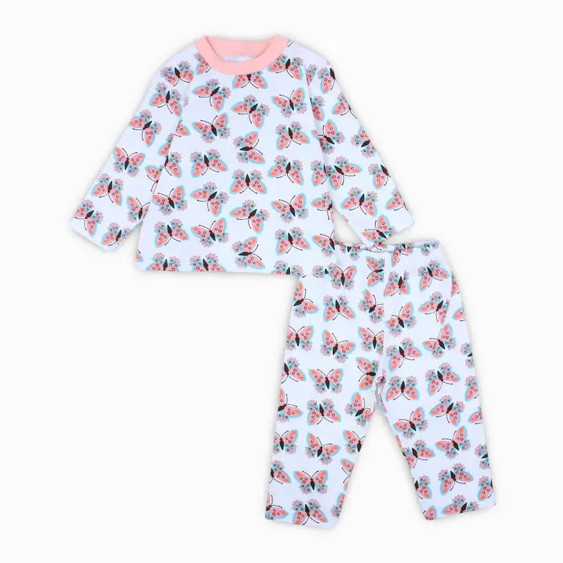 Girls Cotton Pajama Set  Off-White & Pink with Butterfly Print