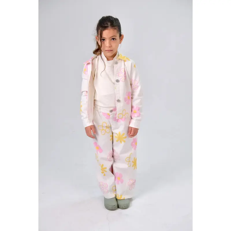 Girls Printed Gabardine Jacket  Offwhite with Flowers