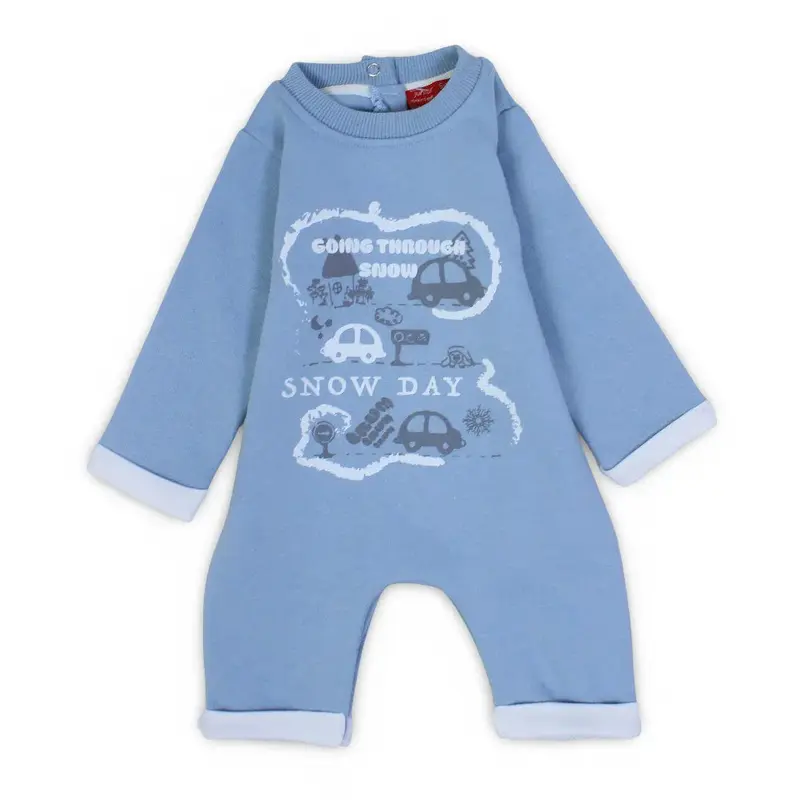 Baby Boys Cotton Footless Onesie  Light Blue with Snow Day Design
