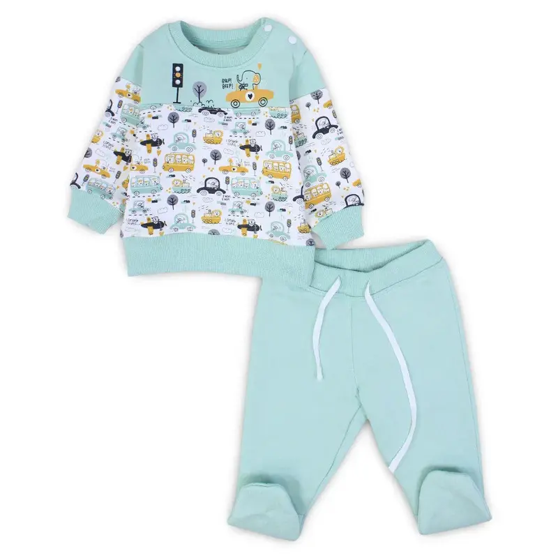 Baby Boys Cotton Pajama Set  MInt Green with Cars Design