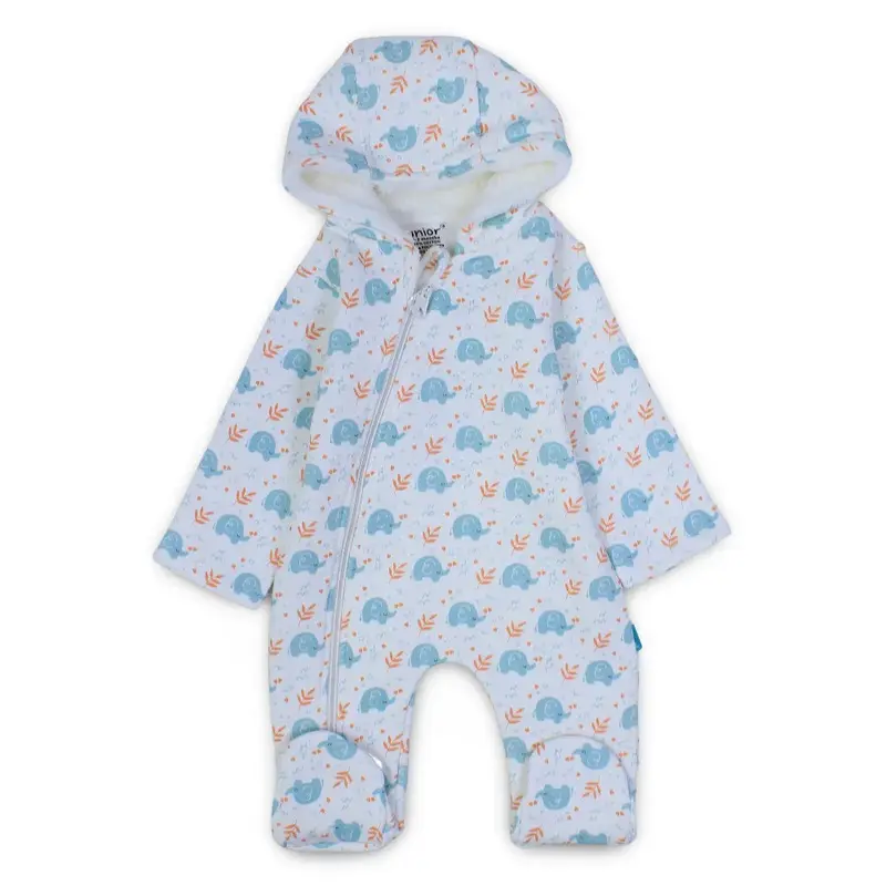 Baby Boys Hooded Baby Footie  Off-White with Elephants Design