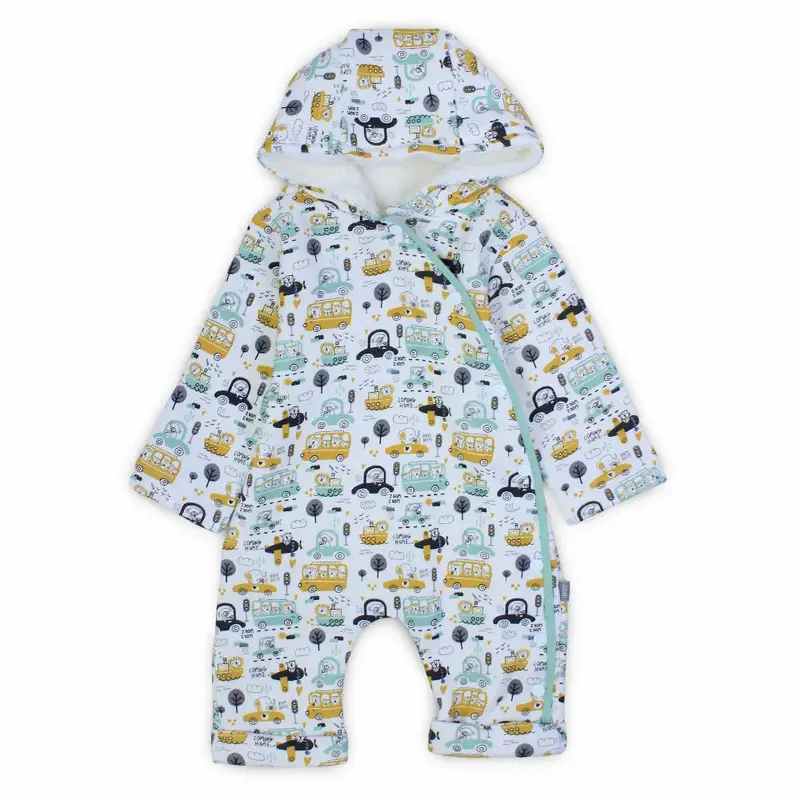 Baby Boys Hooded Footless Onesie  Off White with Cars Design