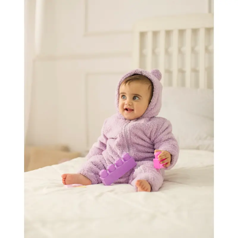 Baby Girls Fleeced Hooded Footless Onesie  Purple with Teddy Design