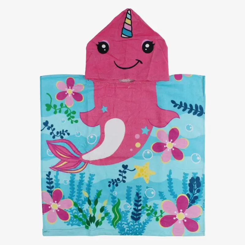 Girls Poncho Beach Towel with Hoodie - Aqua with Dolphin Print