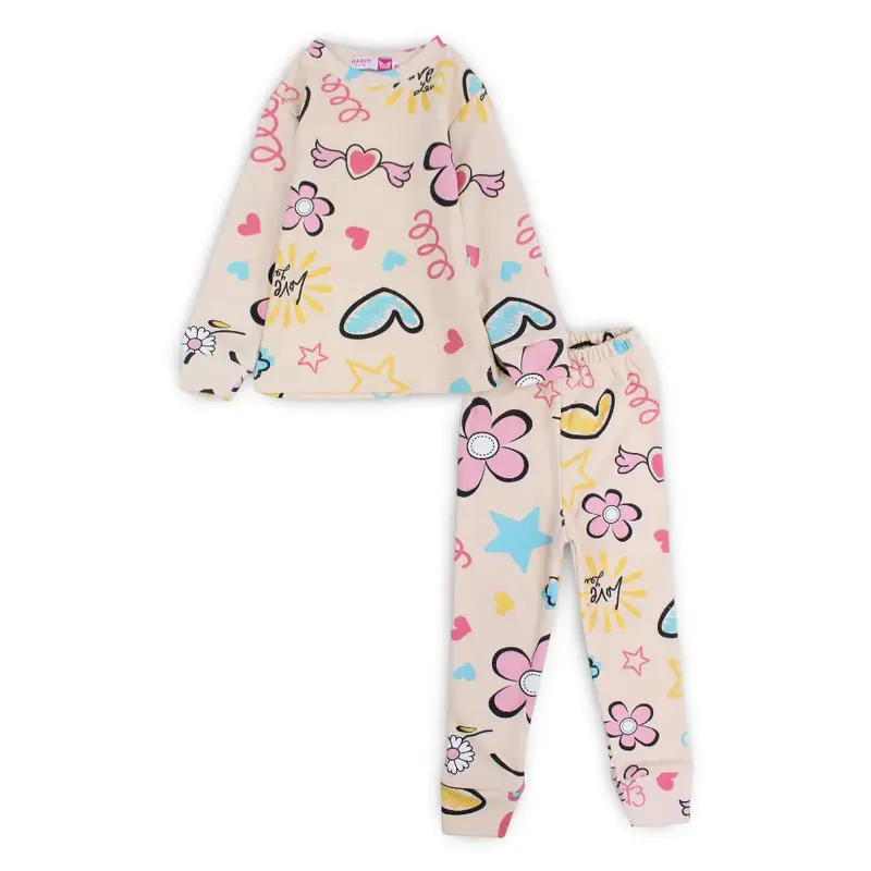 Girls Thermal Set  Beige with Hearts & Stars Design