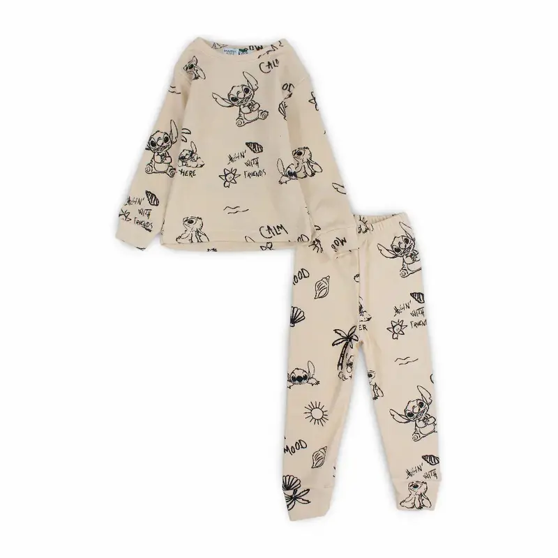 Girls Thermal Set  Beige with Stitch Print