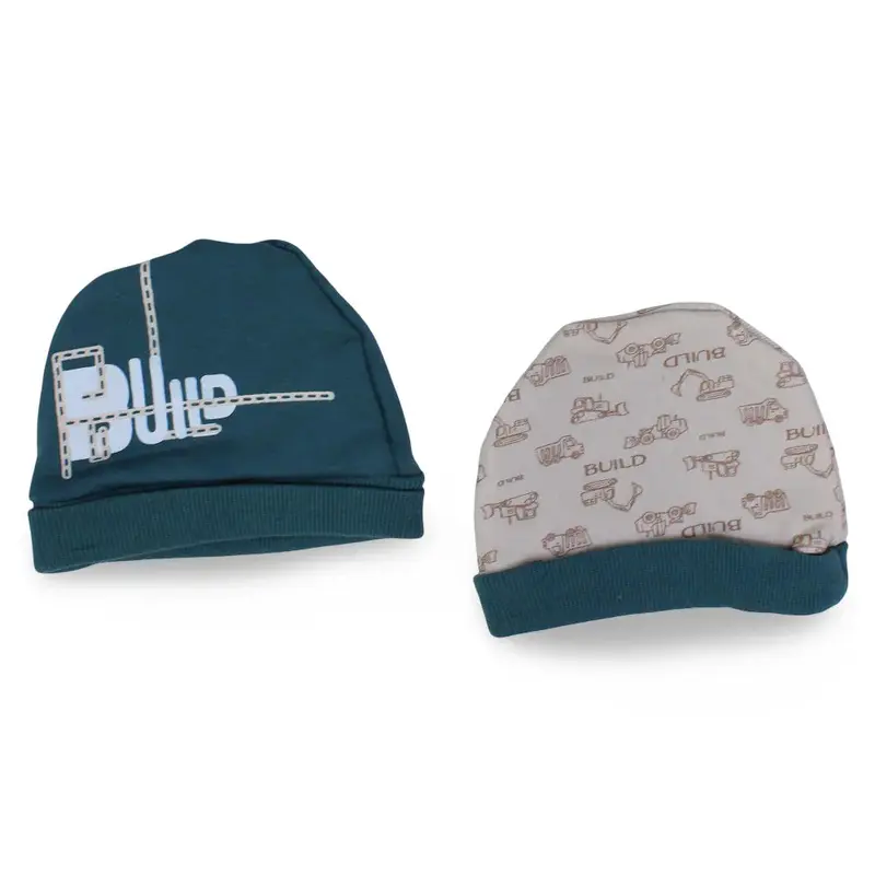 Pack of 2  Baby Boys Cotton Beanie Greenblue & Beige with "Build" Design