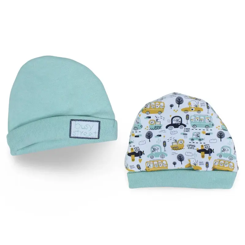 Pack of 2  Baby Boys Cotton Beanie Mint & Off White with Cars Design