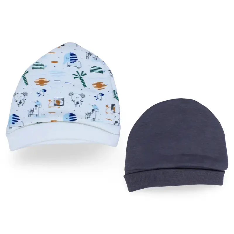 Pack of 2  Baby Boys Cotton Beanie Off White & Grey with Animals Design