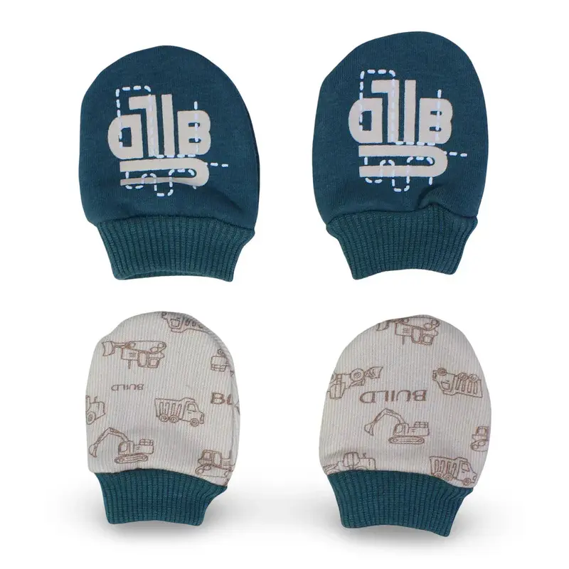 Pack of 2  Baby Boys Cotton Hand Mittens Green & Beige with "Build" Design