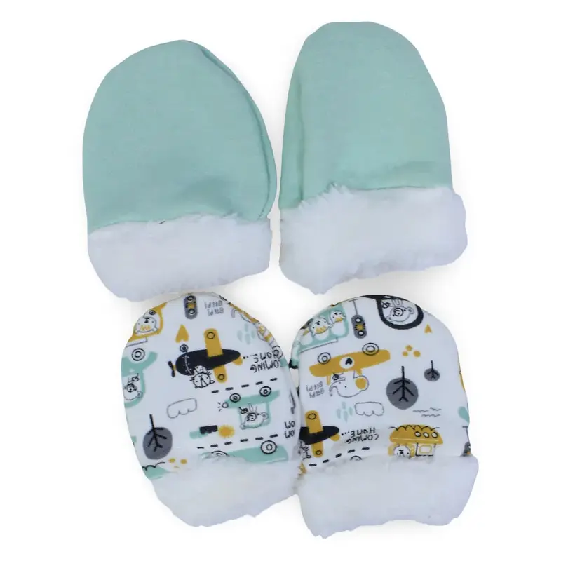 Pack of 2  Baby Boys Cotton Hand Mittens Mint & Off White with Cars Design