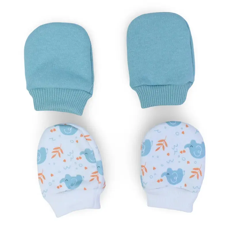 Pack of 2  Baby Boys Cotton Hand Mittens Mint & Off White with Elephants Design