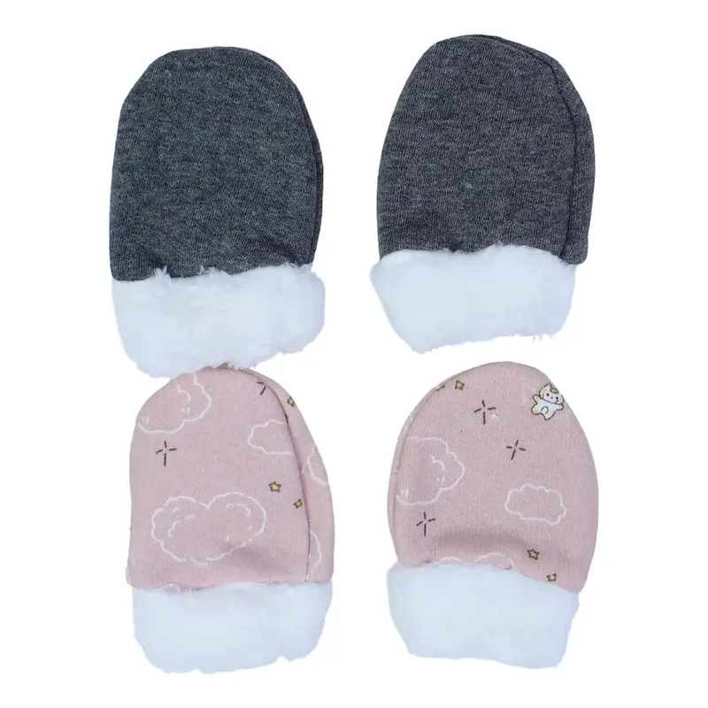 Pack of 2  Baby Girls Cotton Hand Mittens Pink & Grey with Fur Lining