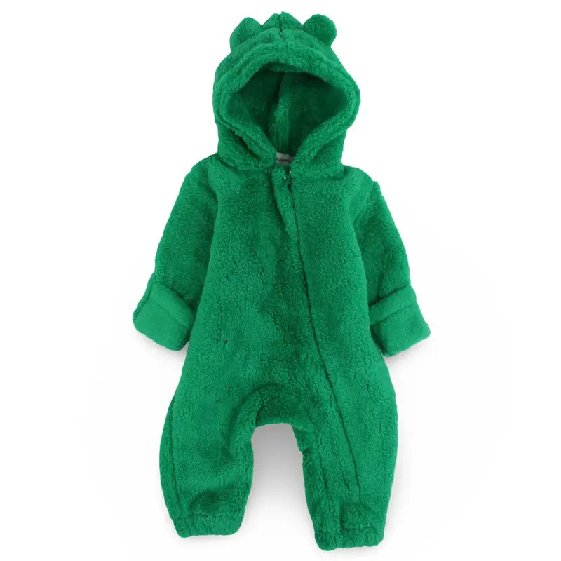 Unisex Baby Fleeced Hooded Footless Onesie  Green with Teddy Design