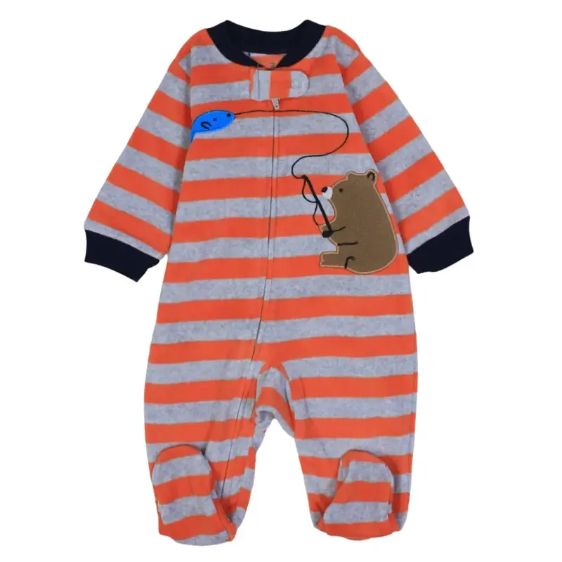 Baby Boys Cotton Baby Footie  Orange & Grey Striped with a Fishing Bear Design