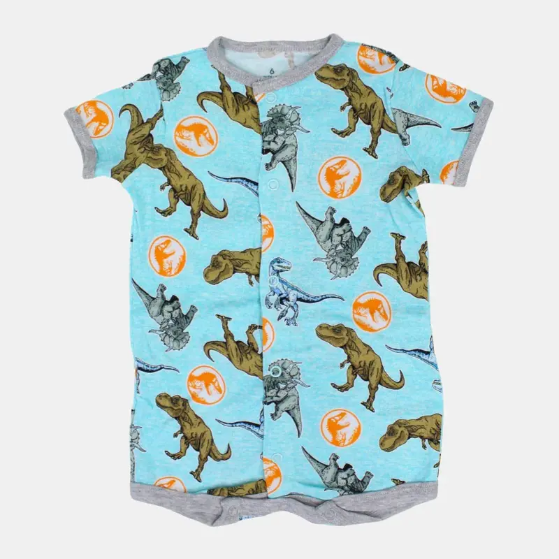 Baby Boys Cotton Romper  Aqua with Dinosaur Print