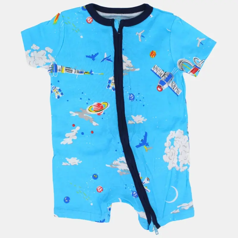 Baby Boys Cotton Romper  Turquoise with Space Print and Zipper Detail