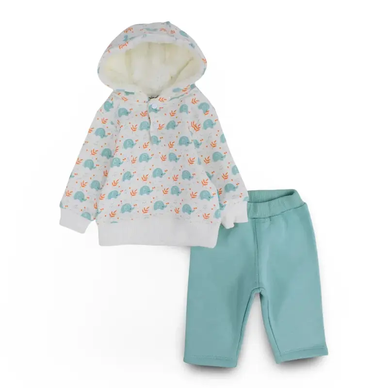 Baby Boys Hooded Pajama Set  Off-White/Mint with Elephants Design