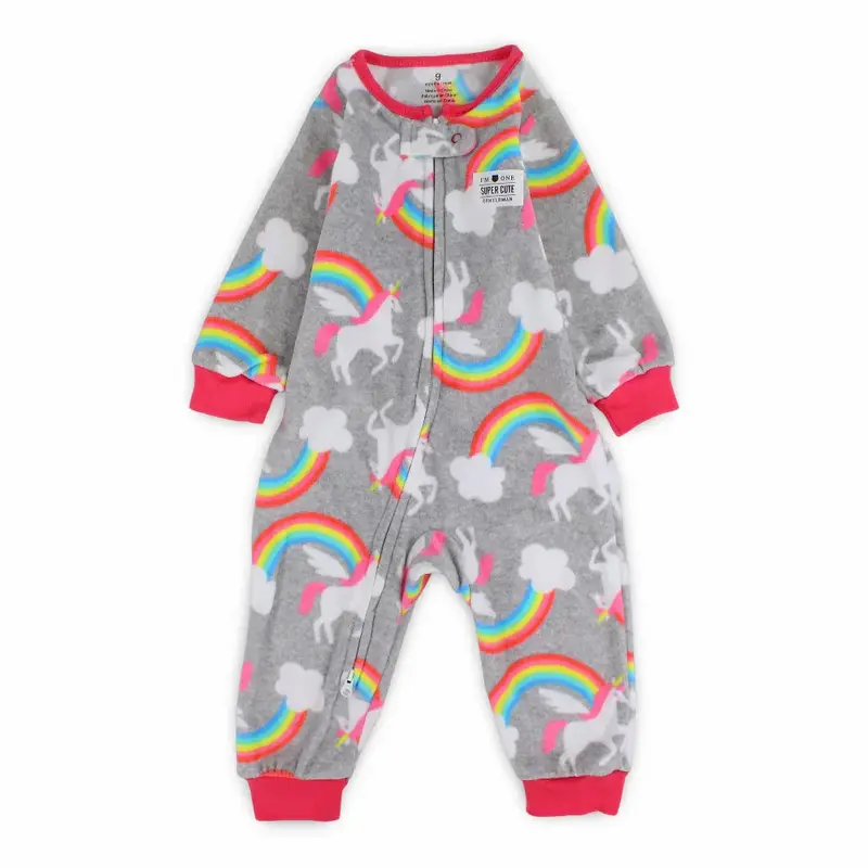 Baby Girls Fleeced Footless Onesie  Grey with Unicorn Print