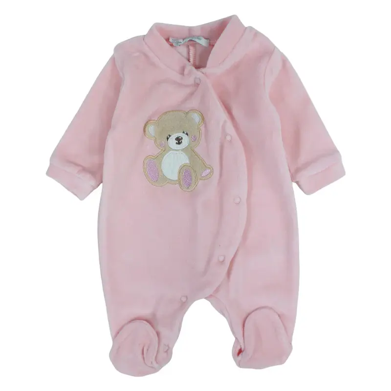 Baby Girls Velvet Baby Footie  Pink with a Bear Design