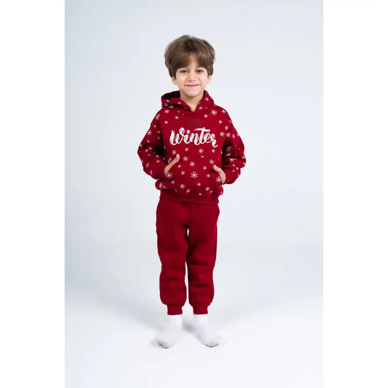 Boys Cotton Hooded Pajama Set  Maroon with "Hello Winter" Design
