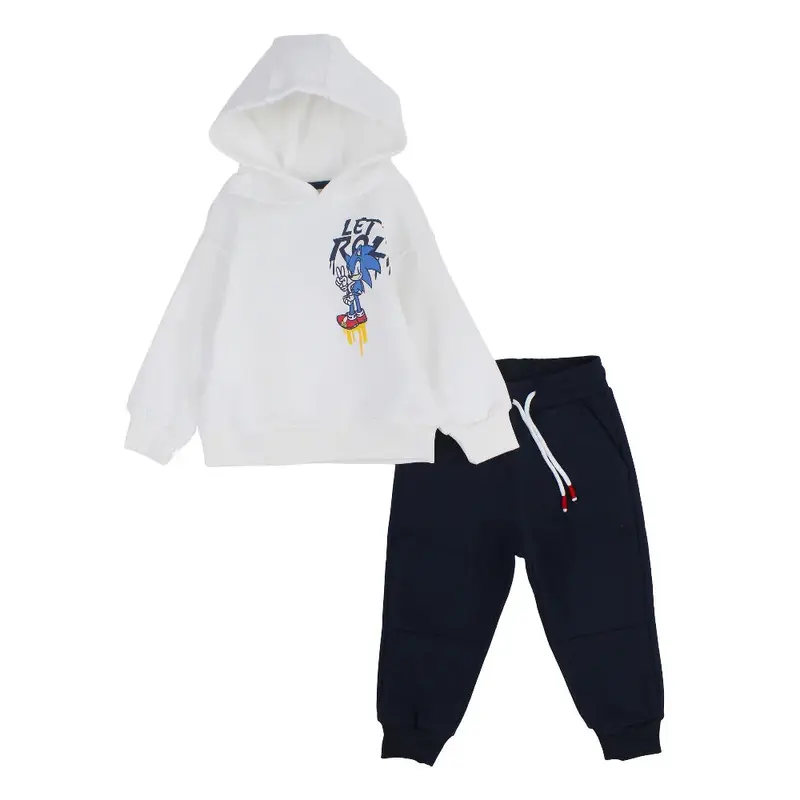Boys Cotton Hooded Pajama Set  Off-White with Sonic the Hedgehog Print