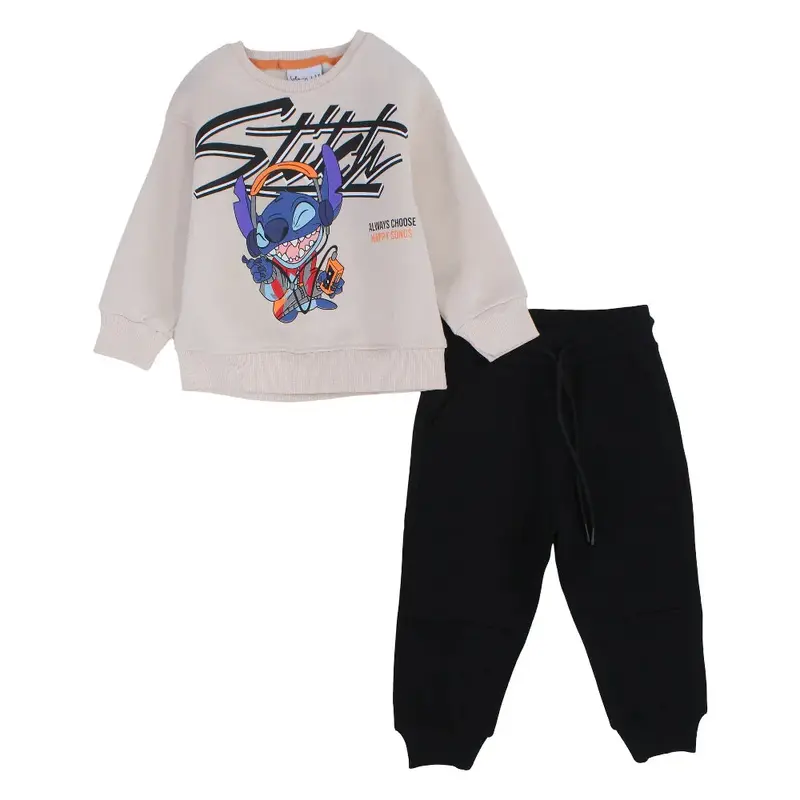 Boys Cotton Pajama Set  Beige with Stitch Print