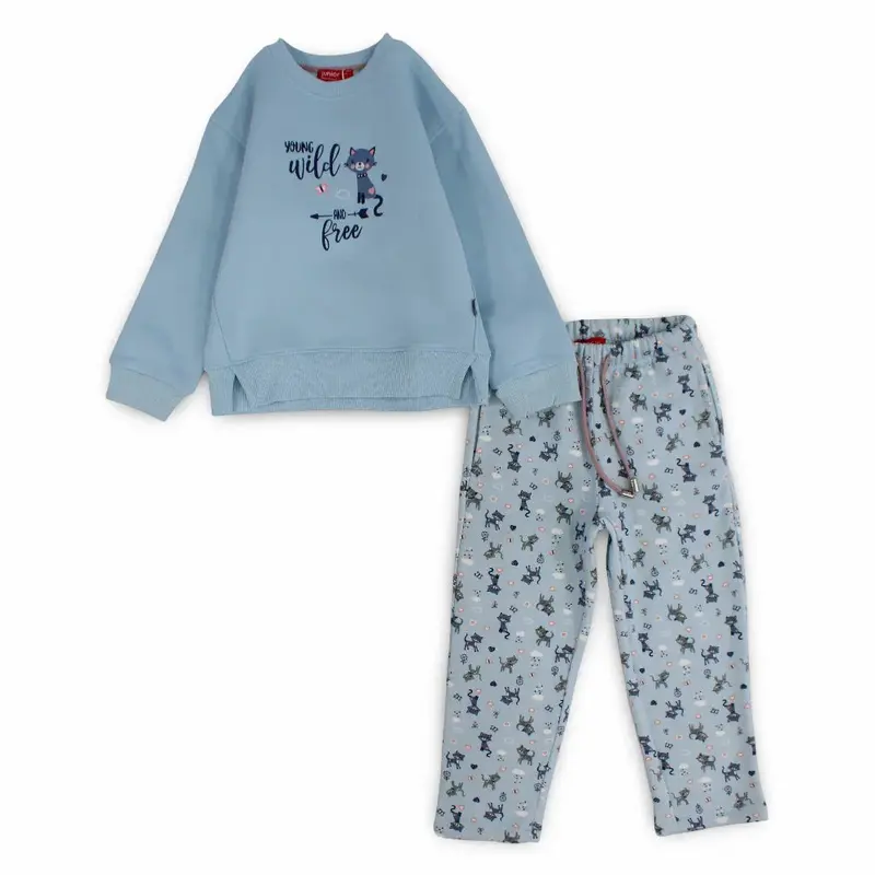 Girls Cotton Pajama Set  Baby Blue with "Young, Wild & Free" Design