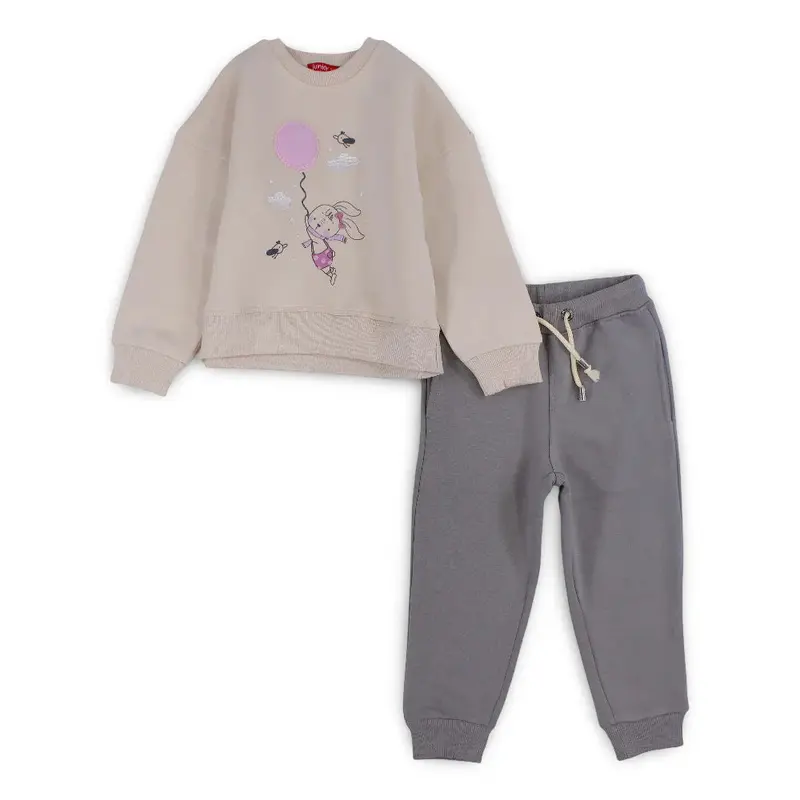 Girls Cotton Pajama Set  Beige with Bunny and Balloon Design