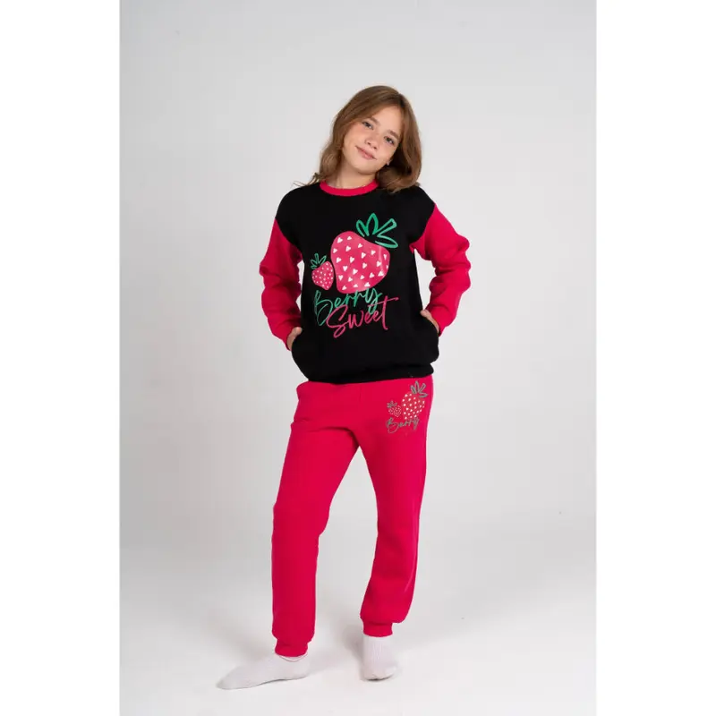 Girls Cotton Pajama Set  Black/Fuchsia with "Berry Sweet" Design