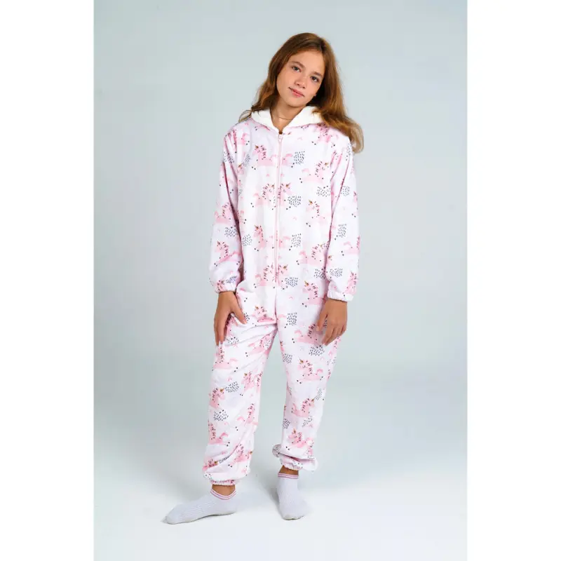 Girls Fleeced Hooded Onesie Pajama  Pink with Unicorn Print