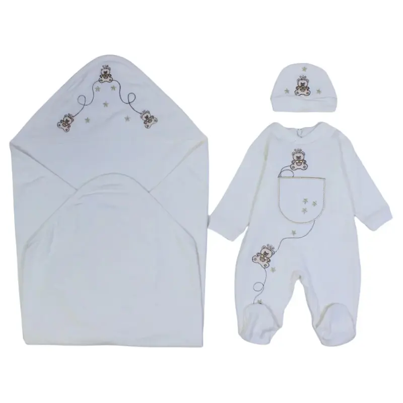 Unisex Newborn Baby Footie with a Beanie & Baby Blanket  Cute Bear Print