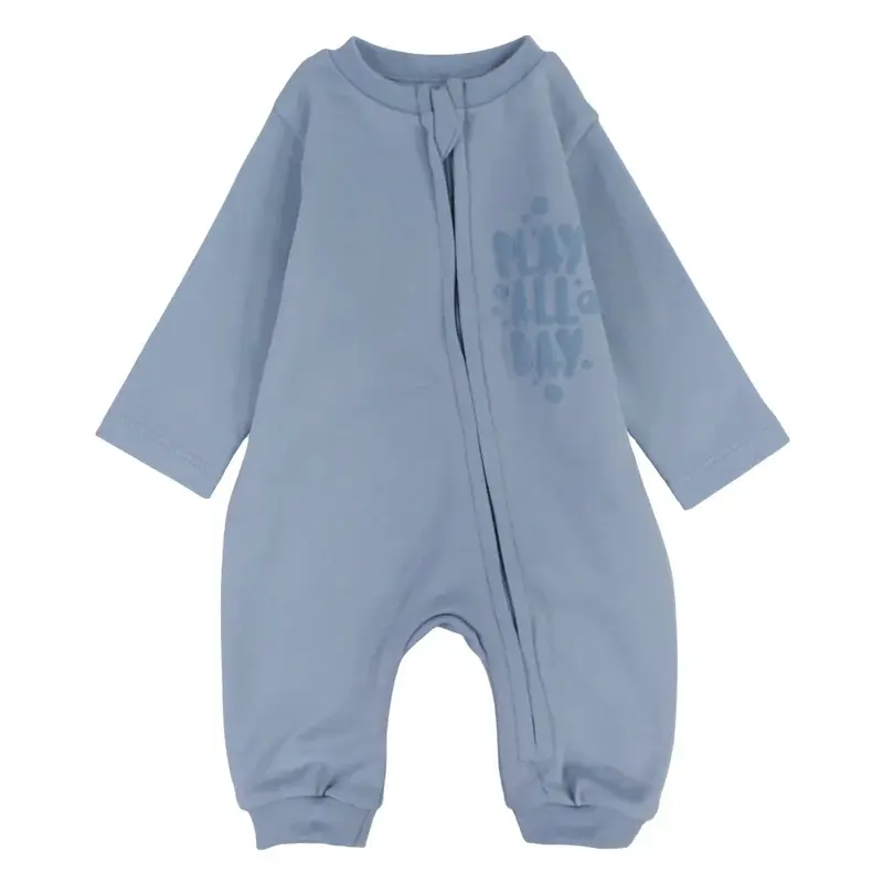 Baby Boys Cotton Footless Onesie  Baby Blue with "Play all Day" Design