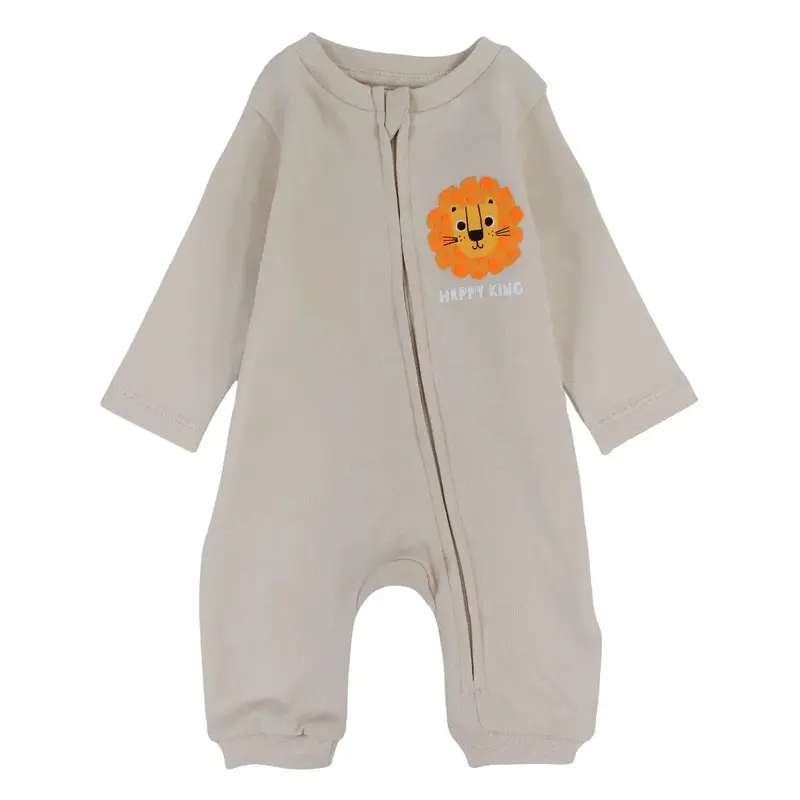 Baby Boys Cotton Footless Onesie  Beige with a Lion Head Design