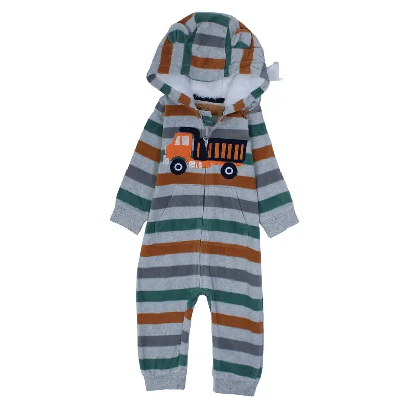 Baby Boys Cotton Hooded Footless Onesie  Grey Striped with a Truck Design