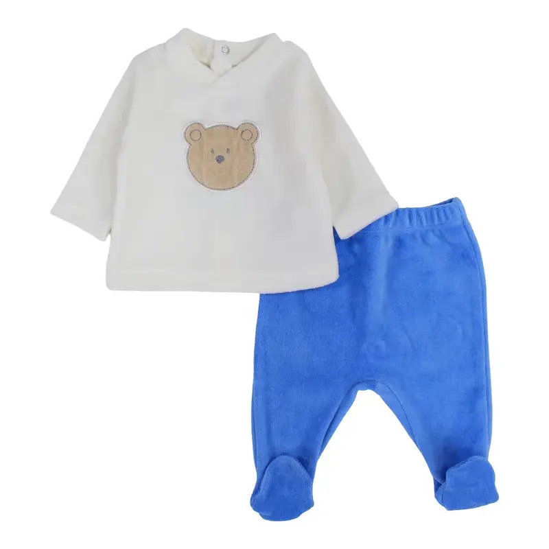 Baby Boys Velvet 2-Peice Outfit Set  Off-White/Blue with a Bear Head Design