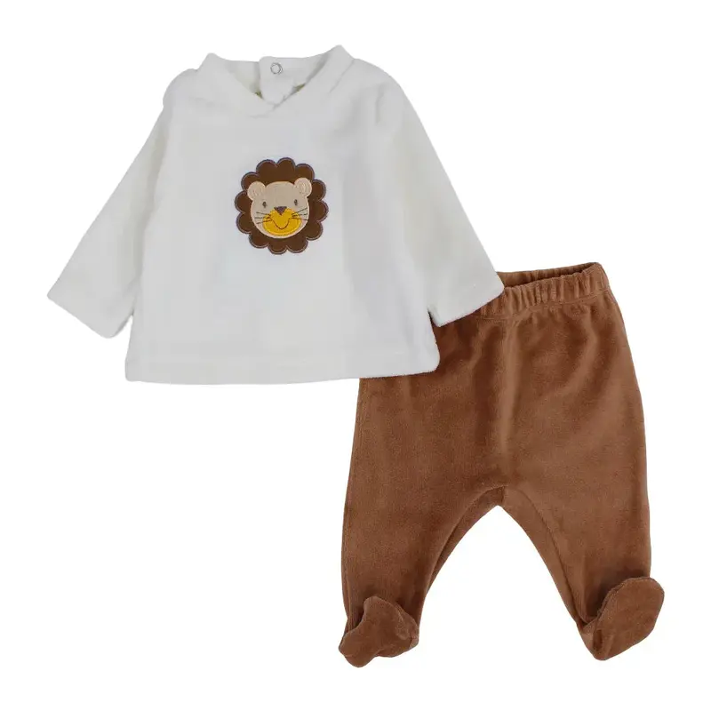 Baby Boys Velvet 2-Peice Outfit Set  Off-White/Brown with a Lion Head Design