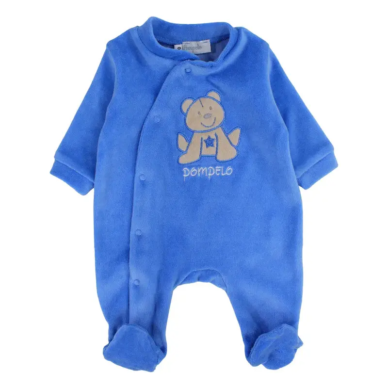 Baby Boys Velvet Baby Footie  Baby Blue with a Bear Design