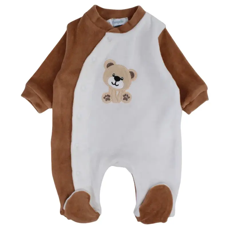 Baby Boys Velvet Baby Footie  Brown with a Bear Design