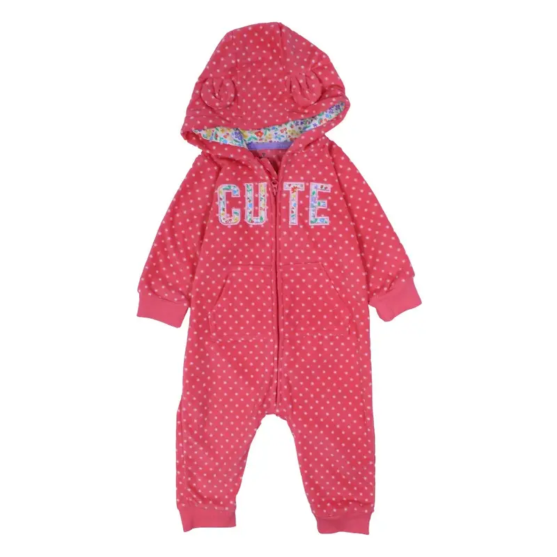 Baby Girls Hooded Footless Onesie  Fuchsia with Polka Dots