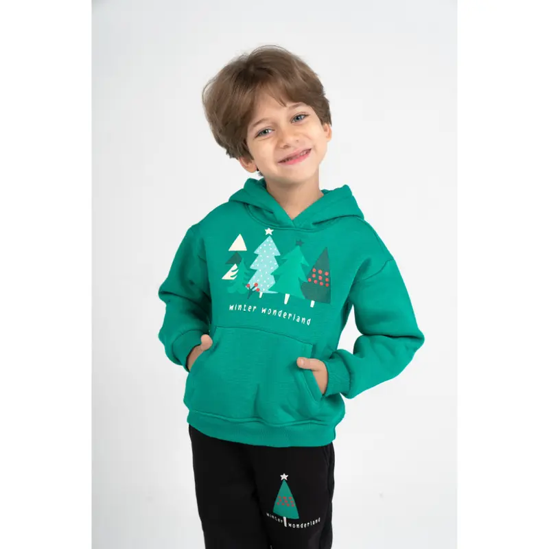 Boys Cotton Hooded Pajama Set  Green with "Winter Wonderland" Design